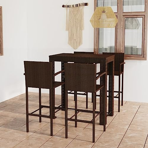 Mokuyary Juego de 5 barras de jardín con reposabrazos, ratán de polietileno, marrón, muebles de jardín, grupo de asientos, mesa de bar, mostrador de jardín, silla de bar