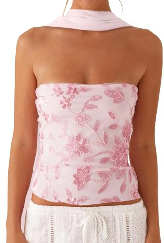 Anuedgis Women's Sequin Beaded Tube Top Strapless Crop Bandeau Top with Scarf Y2K Party Club Going Out Top