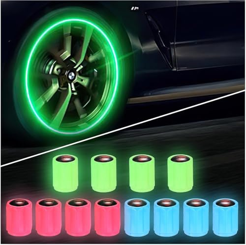 Leiwee Tappi Moto Valvole Pneumatici, 12 Pezzi Tappini Gomme Auto Luminescenti, Tappi Valvole Auto Fluorescenti al Buio, Accessorio Universale per Auto Moto Bici
