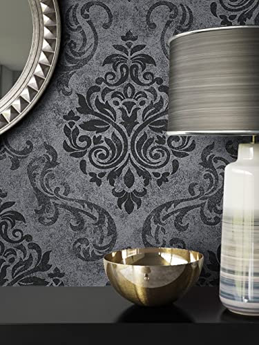NEWROOM Papier peint Noir Ornement Intissé - Baroque Gris Anthracite Glamour
