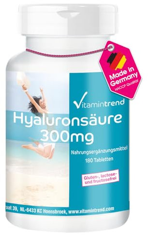 Acido Ialuronico puro 300mg, 180 Compresse, Vegan, Altamente dosato, Confezione grande | Vitamintrend®