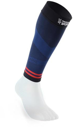 Thuasne - Manchons de Compression Running Trail UP ACTIV - Maintien du Mollet - Protection et Proprioception - Fabriqués en France - Long, plus d'1,75m - (Noir/Bleu foncé/Rouge)