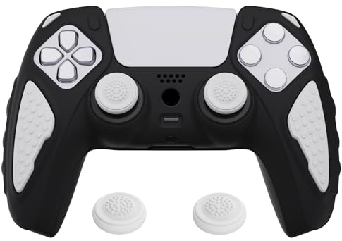 PlayVital Funda de Silicona para ps5 Mando - Carcasa de Goma Antideslizante con Tapas para Pulgar, Protector Tacto Suave, Accesorio Compatible con ps5 - Edición Knight (Negro Blanco)