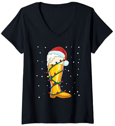 Femme Mon Noël de bottes de bière du Père Noël T-Shirt avec Col en V