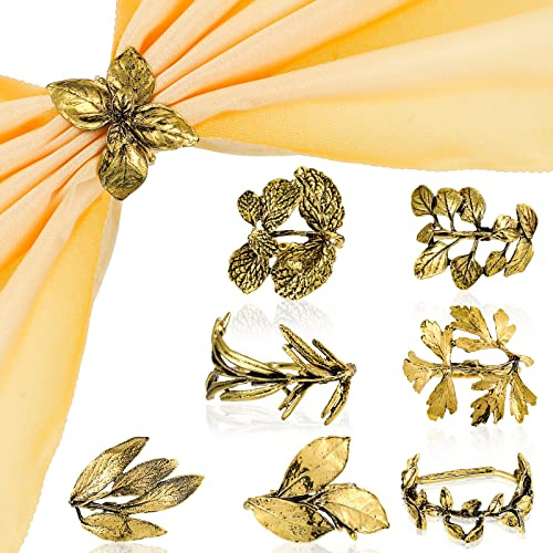 Cunhill 8 Pieces Herb Napkin Rings Set Vintage Leaf Napkin Holders Rings Glossy Holder Adornment Metal Table for Graduation Holidays Wedding Graduation Party Decor Everyday Use(Gold)