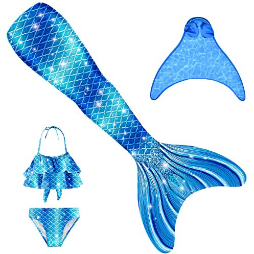 BAWADE Meerjungfrauenflosse Mädchen Meerjungfrau Flosse mit Monoflosse und Bikini Set für Kinder, 4 Stück Set