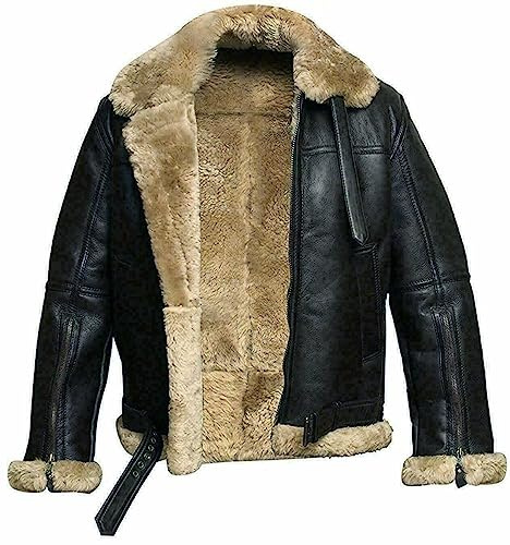 Shopoyn Mens Shearling B3 Bomber Leather Jacket Aviator Coat WW2 - Black n Brown (XL, Black)
