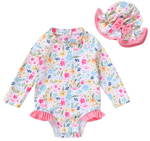 Infant Baby Girl Swimsuit One-Piece Long Sleeve Rash Guard with Hat Set Floral Zipper Bathing Suit Leopard Beach Wear(Plants, 3-6M)