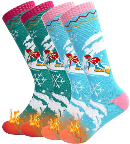 SkiBeaut Kids Ski Socks, 2 Pairs Knee-high Thick Warm Snowboard Skating Skiing Socks for Boys Girls Toddler Youth, Age 3-12 (US, Age, 3 Years, 6 Years, #1 Sky Blue + Lake Blue)