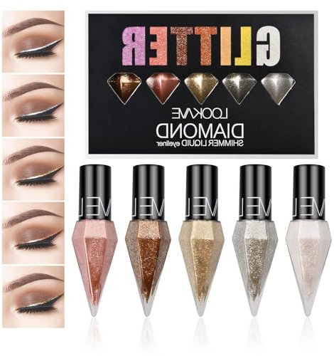 5 Colores Delineador de Ojos Líquido Brillo, Delineador Purpurina Sombra de Ojos Brillantes, Liquid Glitter Eyeliner, Impermeable Eyeliner de Colores para Fiesta Festival Maquillaje Larga Duración (A)