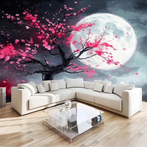 Fototapete Aquarellmalerei Vollmond Kirschblütenbaum 200 x 140 cm Vlies Tapete 3D Effekt Moderne Wandtapete Dekoration, für Wohnzimmer Schlafzimmer TV-Hintergrund Wanddeko Wallpaper