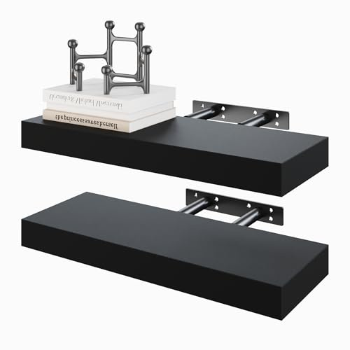 BAMEOS Schwebende Regale, Schwarze Wandregale aus Holz mit unsichtbaren Halterungen, 2er Set, Hängende Wandregale als Dekoration für Schlafzimmer, Badezimmer, Wohnzimmer und Küche