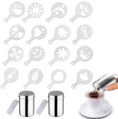 Spargizucchero in Acciaio Inox con Coperchio,Polvere Shakers Setacci per Farina Cacao Cannella,2 Pezzi Agitatore per Polvere di Cacao in Acciaio Inox con 16 Stampi per Caffè Tokaneit