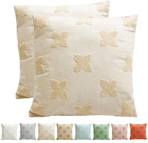 Viste tu hogar Pack 2 Fundas de Cojín, 70% Algodón y 30% Poliéster, Tejido Suave y Denso con Bordado Artesanal, Cremallera Oculta, Estilo Moderno para Sofá, Cama o Salón, Beige Claro, 45x45 cm
