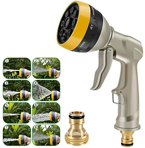 Doccetta da giardino, in metallo, ad alta pressione, con ugello a 8 funzioni e flusso d'acqua regolabile, pistola per irrigazione da giardino, lavaggio auto, bagno per animali domestici