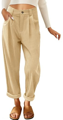 CMTOP Pantalon Femme Velours Côtelé Elastique Taille Haute Décontractés Chic et Elegant Jambe Droit Palazzo Pants avec Poches (Kaki, M)