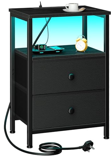 LOAKEKEL Bedside Table with LED Light, Small Side Table with Charging Station, Nightstand with 2 Fabric Drawers and Open Storage Shelf, Bedside Cabinet for Living Room, Bedroom, Black UHETS02BK-1