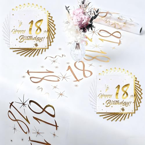 DeBizz Bordslöpare 18 födelsedag med 20 högkvalitativa servetter, 28 cm x 5 m glänsande guld födelsedagsdekoration bord, bordsband för 18 års man och kvinna födelsedag årsdag firande fest (guld)
