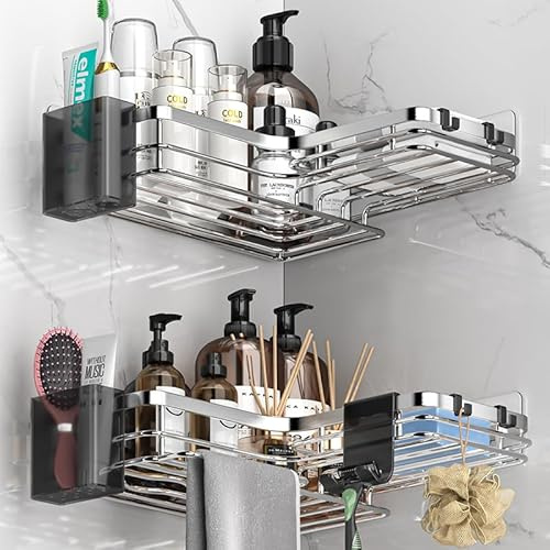 Rankomu Estanteria Ducha Esquinero Baño Sin Taladro, 2 Piezas Estante de Acero Inoxidable, Adhesivo Organizador Baño con 2 Portacepillos, Ganchos Extraíbles y Portaafeitadoras