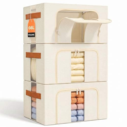 NiuBeBe Cajas Almacenaje Ropa Apilables: Caja Plegable con Estructura Metálica para Guardar Ropa Tela, Fundas y Bolsas en Armario y Debajo de las Cama (Beige 3x66L)