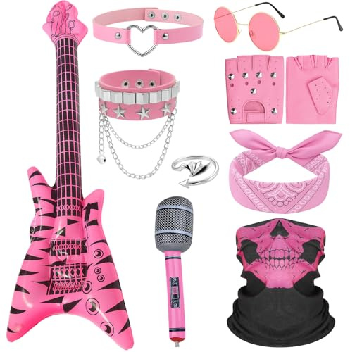 Set de disfraz gótico punk de Rockstar de GWAWG, anillo de pulsera, guitarra inflable, set de disfraz de rockstar con guantes, gafas de sol, pañuelo, mangas de tatuaje, anillo de pulsera, guitarra