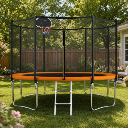 FammyLoft 12ft Trampoline with Enclosure and Ladder, Outdoor Garden Trampoline for Kids, Heavy Duty Trampoline with Basketball Hoop, Large Round Family Trampoline, Blue