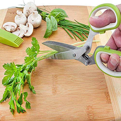 Rengue Tijeras para Hierbas, Tijeras de Cocina de Acero Inoxidable de 5 Hojas con Protector para Dedos y Cubierta, Picado Rápido para Hierbas, Fideos, Verduras, Herramienta de Fácil Limpieza para