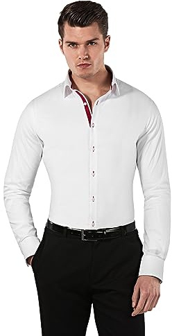 Vincenzo Boretti Camisa de Hombre, Muy Entallada (Body-fit), Mezcla de algodón, elástica y Muy Agradable, Manga-Larga, Cuello Kent, Lisa - fácil de Planchar (Easy Iron) Blanco/Vino Tinto 41-42