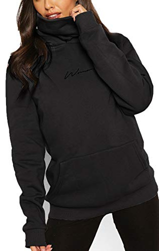 TrendiMax Sudadera con Capucha Mujer Jersey Cuello Alto Invierno Otoño Pullover Hoody Sueter Deporte Negro L