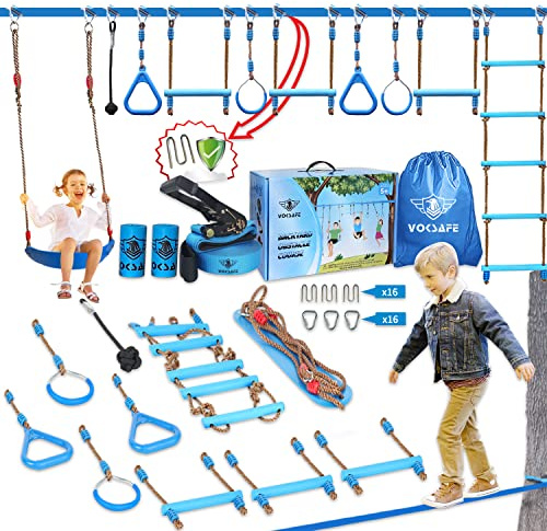 VOKSAFE Ninja Warrior Obstacle Course for Kids - Ninja Backyard Obstacle Course - 50' Weatherproof Outdoor Ninja Course Set with 10 Obstacles, Like Ladder, Swing