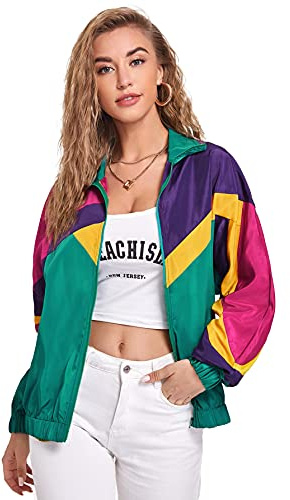 Verdusa Women's Colorblock Zip Up Long Sleeve Collar Windbreaker Jacket Coat Green Purple Yellow L