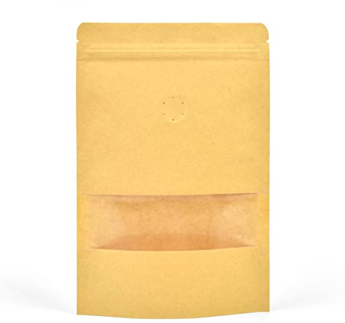 Kraft Coffee Stand Up Pouch with One-Way Degassing Valve | 50 Bags | 180x260x40mm Holds 400g Coffee Beans | One-Way Degassing Valve | Resealable Zip Lock | Kraft (Window)