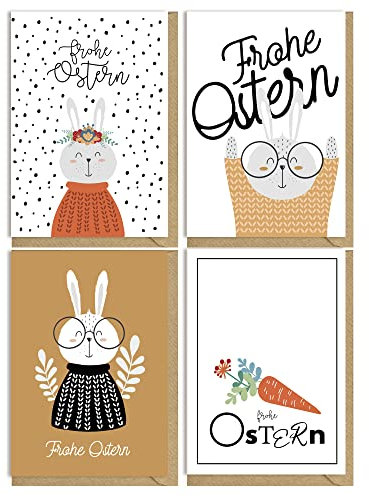 KOKO&LORA® Süße Osterkarten im Set mit Kraftpapier Umschlägen - Grußkarten zum Osterfest • Faltkarten mit Natur-Kuvert (Frohe Ostern)