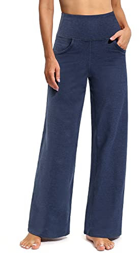 Promover Women's Activewear Trousers Yoga Trousers with Pockets Straight Wide Leg Stretch Work Tracksuit Bottoms Gym Joggers Causal Lounge Tummy Control Pants Petite/Regular/Tall,Navy Heather,M