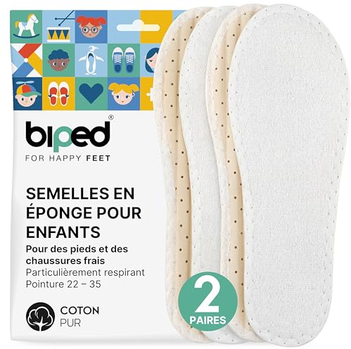 biped 2 paires de semelles pieds nus pour enfants en tissu éponge 100% coton avec rembourrage en latex naturel doux - semelles intérieures antibactériennes contre les odeurs désagréables z2789(34)