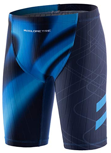 MY KILOMETRE Boy's Jammer Swimsuit Kids Trainning Swimming Trunks with Drawstring Endurance Swim Shorts Blue XL.