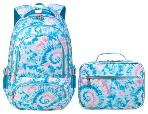 BLUEFAIRY Girls Backpack with Lunch Box for Kids Primary Elemenatry Book Bag Set Middle School Bookbags Set for Teens Childs Back to School Gifts 2 Pcs Blue