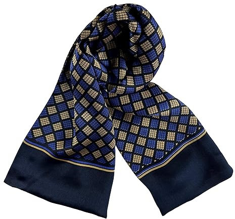 JWSilk Langer Charmeuse Seidenschal für Herren, Indigo-Quadrate, 63x10