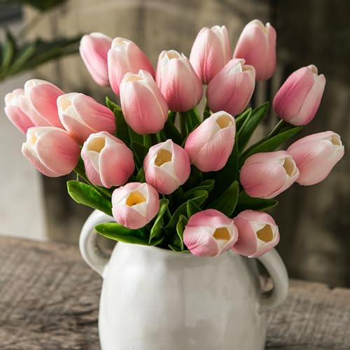 Tanvecle 20 st rosa konstgjorda tulpanblommor, falska blommor 33 cm bulk | Fuskblommig storpack för mors dag, påsk, alla hjärtans dagpresenter, hemkök bröllopsdekoration, verklig touch mittpunkt