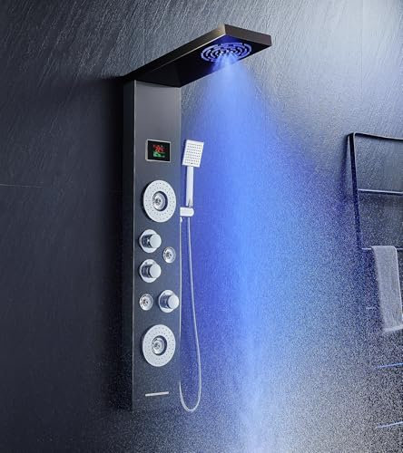 KINKIBOS Duschpaneel mit Armatur, 6 Funktionen Duschpaneel mit LED Temperaturanzeige Regendusche, Nebeldusche, 2 Modi Massagedüsen, Handbrause und Wanneneinlauf, Duschsäule aus Edelstahl, Schwarz