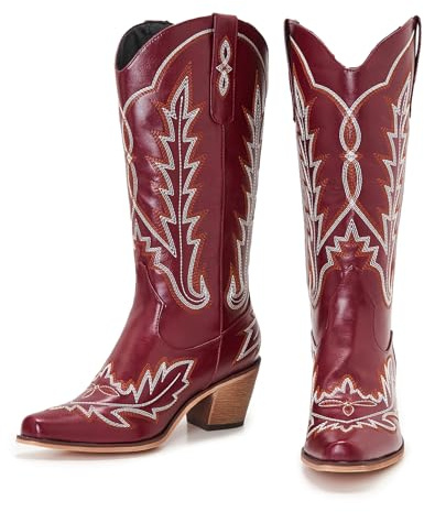 COOLCEPT Women Western Cowboy Boots Embroidered Mid Calf Cowgirl Boots Pointed Toe Chunky Heel Pull On Country Festival Boots for Women Claret Size 38
