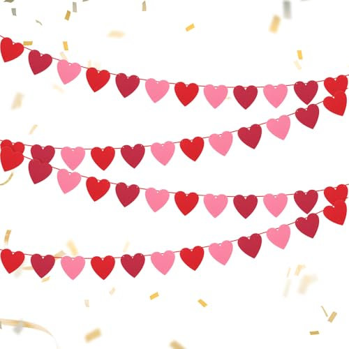 Sliverdew 4pcs Red, Burgundy, Pink Felt Heart Garland for Valentine's Day Decor