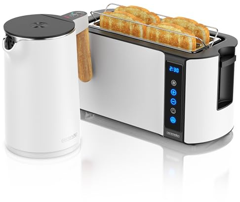 Arendo - Wasserkocher Toaster SET - Edelstahl - Wasserkocher mit Temrpatureinstellung - 45-100 Grad - Warmhaltefunktion - Toaster 4 Scheiben mit Touch Display - mit Brötchaufsatz - Weiß Matt