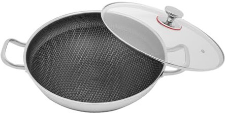 410 pentole antiaderenti in acciaio inox, 36 cm, padella antiaderente argento portatile, peso 4,85 lbs, adatto per circa 3-4 persone, con coperchio e manico, può essere utilizzato per tutti i tipi di