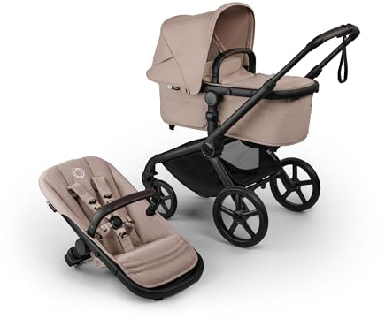 Bugaboo Fox 5 Renew All-Terrain Stroller, 2-in-1 Baby Pushchair, Full Suspension, Easy Fold, Extendable Toddler Seat, One-Handed Manoeuvrability, Black Chassis and Desert Taupe Melange Canopy