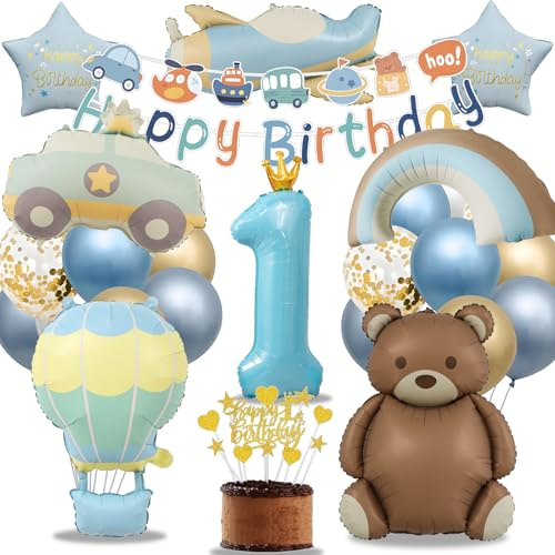Decoracion Cumpleaños Niño 1 Año, Globo de Cumpleaños 1 Año Azul y Dorado, XXL Globo Coche, Oso, Avión, Arcoíris, Infantil Decoraciones para Tartas y Banderines a Juego (Kit Cumpleaños Niño 1 Año)