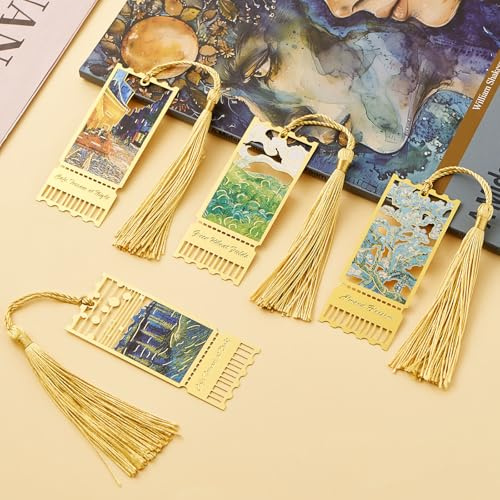 ZOUIQSS Metallbokmärken med tofs gyllene ihåligt bokmärke Van Gogh oljemålning tema bokmärken för bokälskare författare läsare män kvinnor, 4 delar, stil2