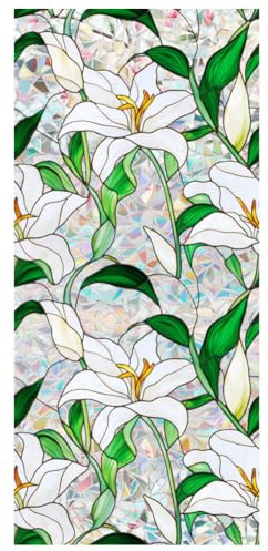 Rainbow Lily Flower Window Privacy Film Sun Blocking 3D Decorative PVC Stained Glass Window Decals Non-Adhesive Static Cling Sticker for Home Office, 16.93 x 39.37 Inch / 43 x 100 cm