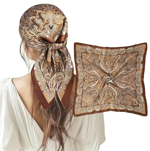 BelleVive Satin Head Scarf for Women, 70 x 70 cm, Brown, One Size Fits All, Ideal for Work, School, Sleeping, Beach, Travel, Weddings, Parties, Sun Protection and Warmth