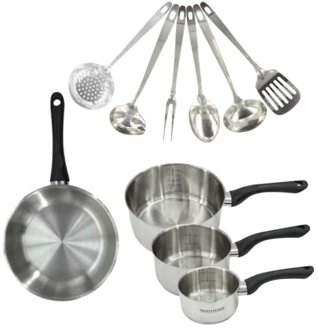 Fackelmann 9446250 Set 1 poêle 24 cm, 3 casseroles en inox 18/8 et 6 ustensiles inox, tous feux, induction, sans PFAS, Acier inoxydable 18/8, 12 16 20 24 cm, Gris Plomb
